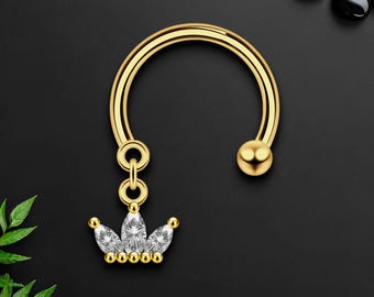 Surgical Steel Horseshoe Ring with Crown Dangle, Eyebrow Piercing, Conch Ring, Horseshoe Jewelry, Tragus Piercing, Horseshoe Piercing, Gold