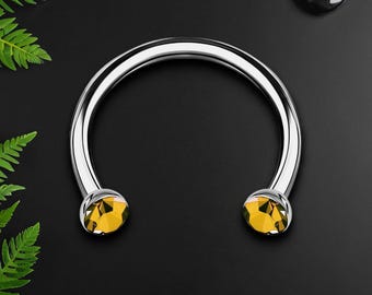 Titanium Horseshoe Ring with Yellow Crystals, Horseshoe Piercing, Septum Jewelry, Circular Barbell, Eyebrow Piercing, Daith Hoop, Silver
