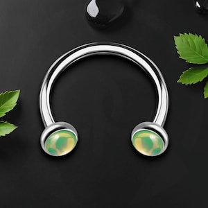 Titanium Horseshoe Ring with Green Glow Gemstone, Horseshoe Piercing, Conch Ring, Septum Jewelry, Horseshoe Ring, Helix Hoop