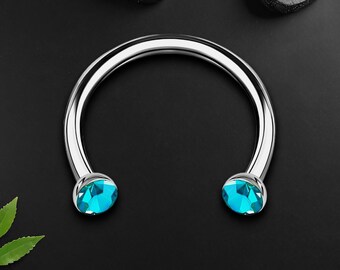 Titanium Horseshoe Ring with Aqua Crystals, Daith Hoop, Septum Jewelry, Circular Barbell Ring, Conch Ring, Horseshoe Piercing, Silver