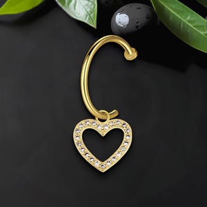 Surgical Steel Lip Ring with Crystal Heart Dangle, No Piercing Jewelry, Clip-On Lip Ring, Lip Decoration, Minimalist Lip Ring, Faux Cuff