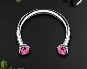 Titanium Horseshoe Ring with Pink Crystals, Horseshoe Ring, Eyebrow Piercing, Circular Barbell Earring, Daith Hoop, Conch Ring, Silver