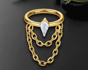 Titanium Clicker Ring with Chains and Crystal Rhombus, Ear Huggie, Rook Jewelry, Conch Hoop, Piercing Ring, Nose Piercing, Gold