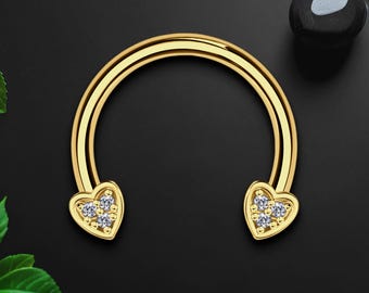 Surgical Steel Horseshoe Ring with Crystal Hearts, Daith Hoop, Rook Earring, Horseshoe Jewelry, Circular Barbell Hoop, Nose Ring, Gold