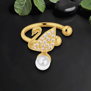 Gold Plated Ear Cuff with Crystal Swan and Pearl, Helix Clip, Dainty Cuff, Non Pierced Jewelry, Faux Piercing Hoop, Cartilage Wrap