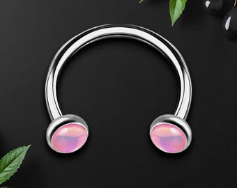 Titanium Horseshoe Ring with Pink Glow Gemstone, Circular Barbell Hoop, Eyebrow Piercing, Horseshoe, Rook Earring, Cartilage Earring, Silver