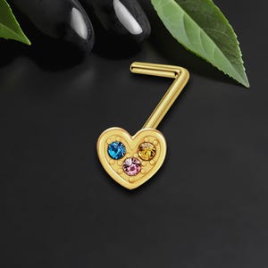 Gold Plated L-Shaped Nose Ring Stud in Heart Style with Crystals, Small Nose Ring, Cz Nose Stud, Nose Hugger
