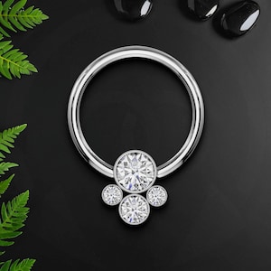 Titanium Captive Bead Ring with Four Zirconia Set, Daith Hoop, Septum Earring, Piercing Ring, Daith Jewelry, Nose Clicker
