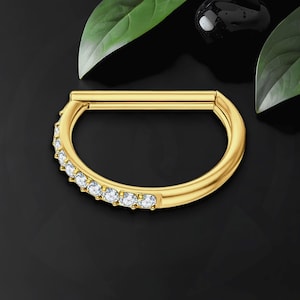Titan Clicker Ring in D-Form-Stil und Halbseite CZ, Knorpelohrring, Turmpiercing, Ohrbügel, Piercing Ring, Piercing Clicker