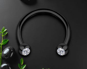 Surgical Steel Horseshoe Ring in Black with Clear CZ, Nose Ring, Horseshoe Hoop, Rook Earring, Circular Barbell Jewelry, Conch Ring