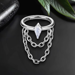 Titan Clicker Ring mit Ketten und Kristall Rhombus, Helix Piercing, Nostril Clicker, Earlobe Huggie, Knorpelohrring, Tragus Ring
