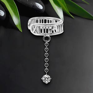 Platinum Plated Ear Cuff with Roman Letters and Chain, Non Pierced Jewelry, Cartilage Cuff, No Piercing Clip, Conch Wrap, Faux Piercing Hoop