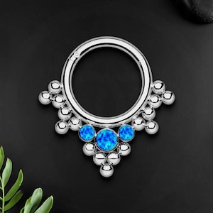 Titanium Clicker Ring with Bezel Set and Blue Opal, Daith Hoop, Septum Earring, Piercing Ring, Daith Jewelry, Nose Clicker
