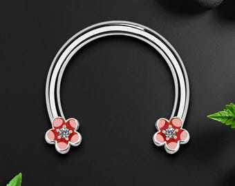 Surgical Steel Horseshoe Ring with Red Flowers, Horseshoe Jewelry, Rook Earring, Cartilage Earring, Horseshoe Ring, Ear Piercing, Silver