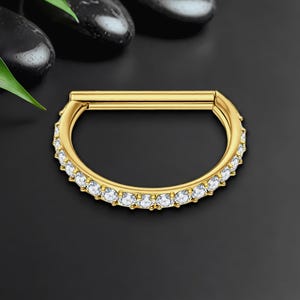 Anillo de titanio con forma de D y circonitas, piercing de caracola, aro, piercing Rook Huggie, anillo para hélix, piercing para la fosa nasal, dorado