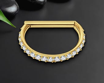 Titanium Clicker Ring in D Shape Style and Zirconia, Conch Piercing, Piercing Hoop, Rook Huggie, Helix Ring, Nostril Clicker, Gold