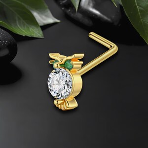 Gold Plated L-Shaped Nose Ring Stud in Crystal Owl Style, Small Nose Ring, Nostrils Jewelry, Nose Pin