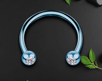 Surgical Steel Horseshoe Ring in Blue with Clear CZ, Circular Barbell, Helix Hoop, Tragus Piercing, Horseshoe Ring, Cartilage Earring