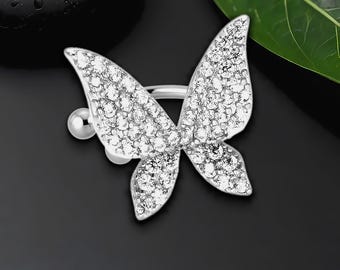 Silver Plated Ear Cuff with Butterfly and Zirconia, Minimalist Clip, Cartilage Hoop, Fake Piercing Jacket, Ear Cuff, Conch Wrap