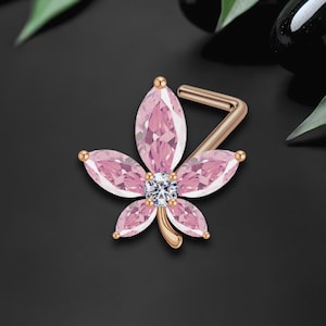 Gold Plated L-Shaped Nose Ring Stud in Crystal Flower Style, Crystal Nose Jewelry, Nose Pin, Nose Screw Jewelry