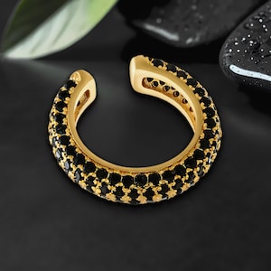 Gold Plated Ear Cuff in Thick Style with Black CZ, Non Pierced Wrap, Dainty Cuff, Conch Jacket, Fake Piercing Jewelry, Cartilage Hoop