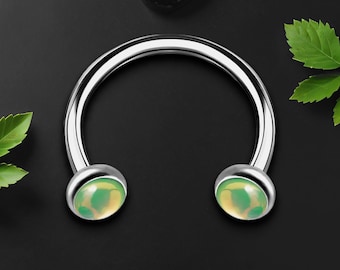 Titanium Horseshoe Ring with Green Glow Gemstone, Horseshoe Piercing, Conch Ring, Septum Jewelry, Horseshoe Ring, Helix Hoop, Silver