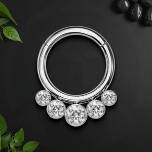 Titanium Clicker Ring with Five Zirconia Bezel Set, Nose Piercing, Piercing Hoop, Daith Clicker, Septum Ring, Septum Jewelry