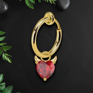 Nepring chirurgisch staal met rood boze hart, nepneussieraden, nepneusring, niet-piercing ring, neusclip, neusmode