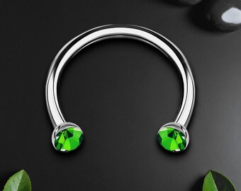 Titanium Horseshoe Ring with Green Crystals, Septum Jewelry, Horseshoe Hoop, Tragus Piercing, Nose Ring, Circular Barbell Ring, Silver