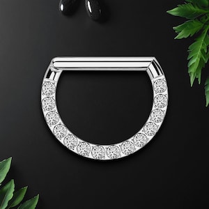 Anillo de titanio con forma de D y circonita cúbica en el lateral de la cara. Piercing Daith, aro para la nariz, pendiente para el tabique nasal, anillo para piercing, joyería Daith, plata.