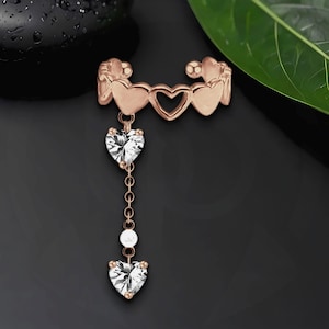 Rose Gold Plated Ear with Crystal Hearts and Chain, Ear Jewelry, Faux Piercing Hoop, Minimalist Clip, Clip-On Cuff, Dainty Wrap