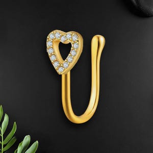 Gold Plated Nose Cuff with Heart, Faux Nose Ring, Temporary Nose Ring, No Piercing Jewelry, Fake Nose Hugger, Fake Nose Jewelry