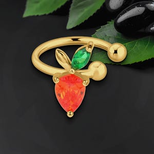 Gold Plated Ear Cuff with Crystal Strawberry, Helix Hoop, Dainty Jewelry, Wrap Around Jacket, Cartilage Clip, Faux Piercing Cuff