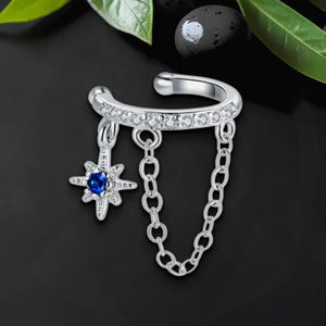 Platinum Plated Ear Cuff with Chain and Zirconia, Dainty Cuff, Wrap Around Jacket, Helix Hoop, Cartilage Clip, Non Pierced Jewelry