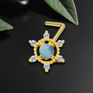 Gold Plated L-Shaped Nose Ring Stud in Wheel Style with Crystals, Nose Screw, Tiny Nose Piercing, Dainity Nose Pin