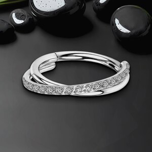 Titanium Clicker Ring with Double Crossing Hoops and CZ, Tragus Huggie, Conch Piercing, Earlobe Hoop, Helix Clicker, Piercing Jewelry