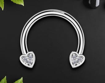 Surgical Steel Horseshoe Ring with Crystal Hearts, Horseshoe Earring, Conch Ring, Horseshoe Piercing, Tragus Piercing, Helix Hoop, Silver