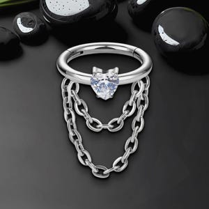 Titanium Clicker Ring with Chains and Crystal Heart, Earlobe Clicker, Cartilage Ring, Tragus Piercing, Helix Earring, Nostril Hoop