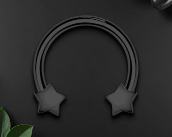 Surgical Steel Horseshoe Ring with Black Stars, Circular Barbell Jewelry, Horseshoe Piercing, Eyebrow Piercing, Ear Piercing, Daith Hoop