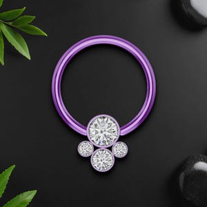 Titanium Captive Bead Ring with Four Zirconia Set, Daith Hoop, Nose Piercing, Septum CBR BCR, Piercing Jewelry, Septum Ring, Purple