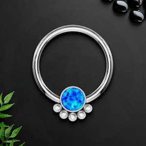 Titanium Captive Bead Ring with Blue Opal and Five Beads, Septum Jewelry, Nose Hoop, Piercing Clicker, Daith Piercing, Septum Earring