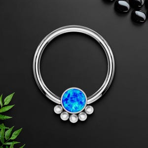 Titanium Captive Bead Ring with Blue Opal and Five Beads, Septum Jewelry, Nose Hoop, CBR BCR, Daith Piercing, Septum Earring, Silver