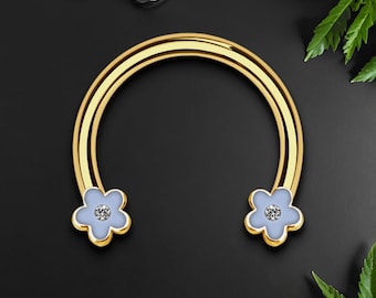 Surgical Steel Horseshoe Ring with Blue Flowers, Daith Hoop, Circular Barbell Ring, Horseshoe Piercing, Eyebrow Piercing, Nose Ring, Gold