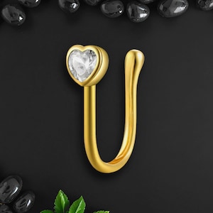 Sterling Silver Nose Cuff with Heart, Fake Nose Hugger, Fake Septum Ring, Non-Piercing Ring, Nose Decoration, Faux Nose Cuff, Gold Plated