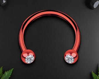 Surgical Steel Horseshoe Ring in Red with Clear CZ, Eyebrow Piercing, Helix Hoop, Horseshoe Hoop, Circular Barbell Piercing, Conch Ring