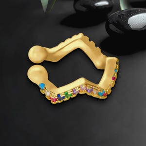 Gold Plated Ear Cuff with Rainbow Zirconia, Non Pierced Jacket, Ear Wrap, Cartilage Hoop, Conch Clip, Fake Piercing Jewelry