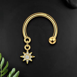 Surgical Steel Horseshoe Ring with Star Dangle, Cartilage Earring, Circular Barbell Hoop, Horseshoe Earring, Ear Piercing, Daith Hoop