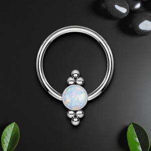 Titanium Captive Bead Ring with White Opal and Six Beads, Septum Piercing, Piercing Hoop, Daith Ring, Nose CBR BCR, Septum Earring, Silver
