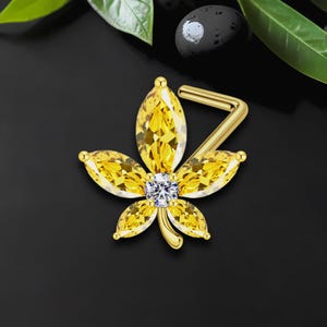 Gold Plated L-Shaped Nose Ring Stud in Crystal Flower Style, Nose Hugger, Tiny Nose Piercing, Small Nose Ring
