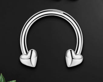 Surgical Steel Horseshoe Ring with Silver Hearts, Helix Hoop, Horseshoe Ring, Tragus Piercing, Circular Barbell Earring, Cartilage Earring